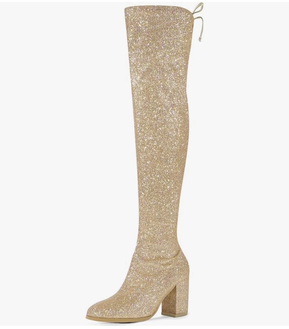 Allegra K Women's Over the Knee Boots Chunky Heel Gold Glitter Size 6.5